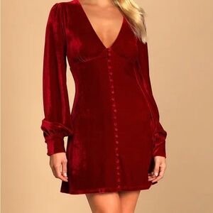 Wine Red Long-Sleeve Button Up Mini Dress